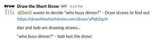 Screenshot of the result of a draw being posted to Slack