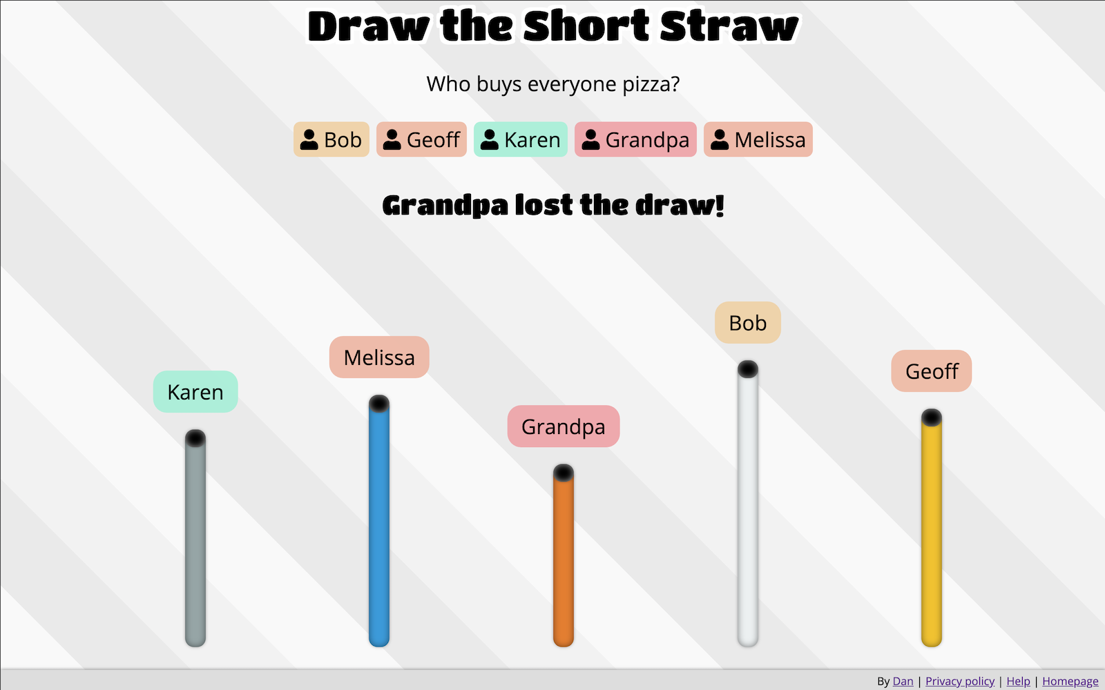 Screenshot of five straws where Grandpa has chosen the shortest straw